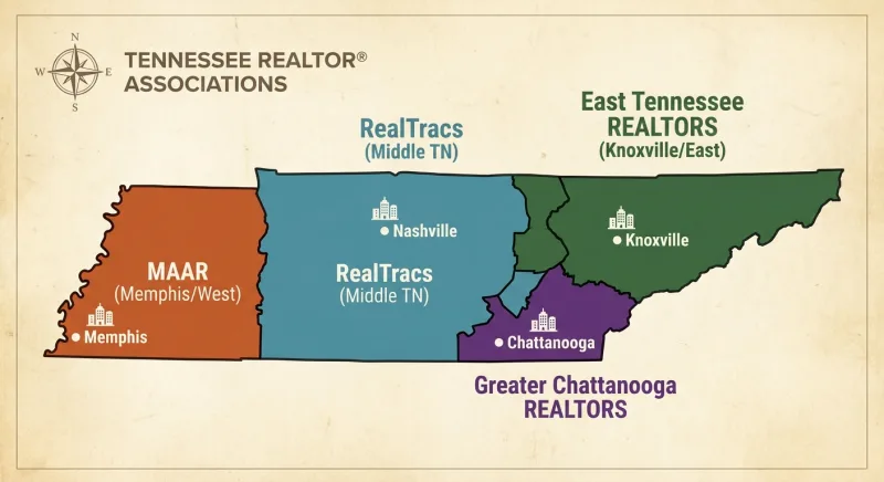 Map of Tennessee showing RealTracs, MAAR, East Tennessee REALTORS, and Chattanooga MLS coverage regions