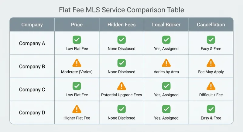 Comparison table of flat fee MLS companies in Tennessee showing prices and hidden fees