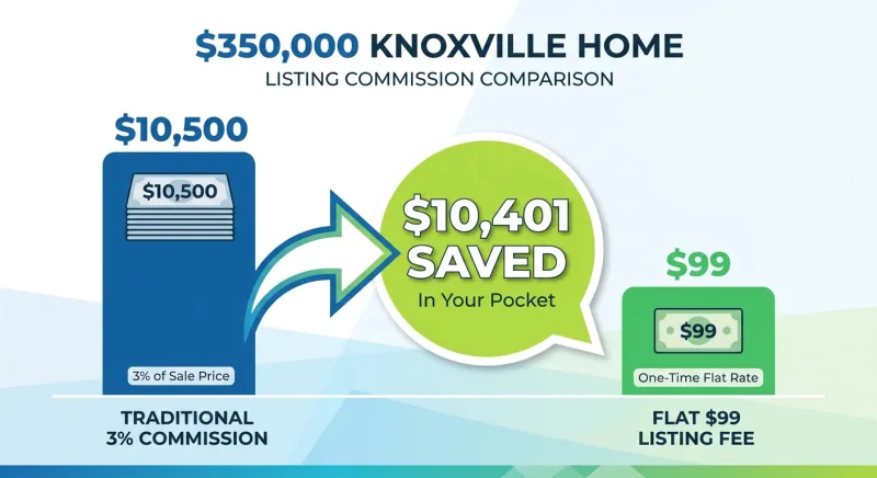 Infographic comparing a $10,500 traditional listing commission to a flat $99 MLS fee on a $350,000 Knoxville home