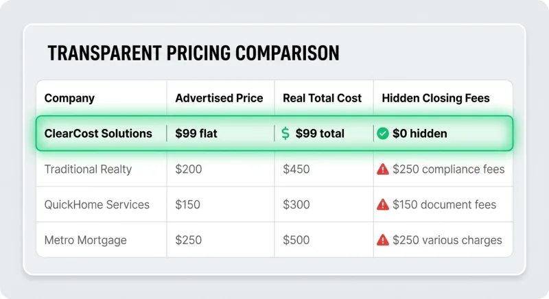 Comparison table of Knoxville flat fee MLS companies showing advertised prices versus real total cost with hidden fees
