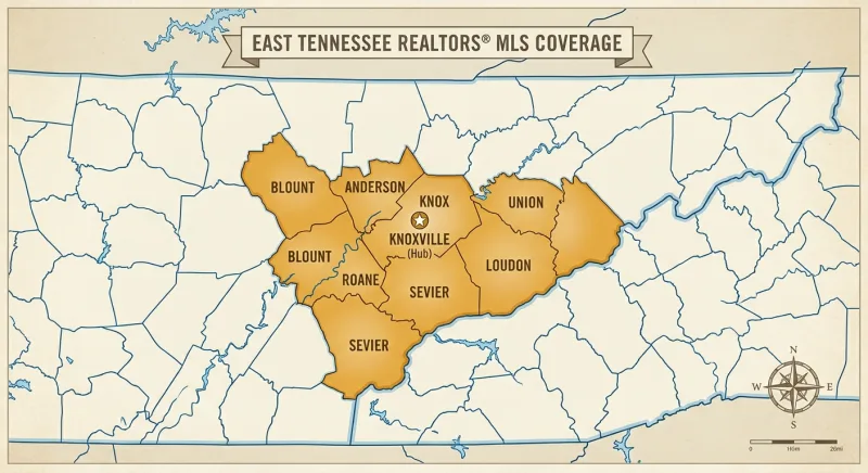 Map of East Tennessee REALTORS MLS coverage across Knox, Anderson, Blount, Roane, Union, Loudon, and Sevier counties
