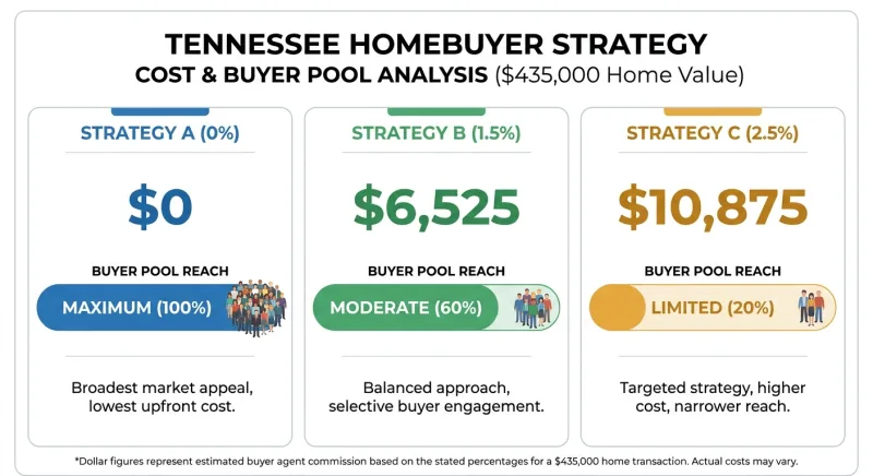 Net proceeds comparison chart for 0%, 1.5% and 2.5% buyer-agent commission on a $435,000 Tennessee home