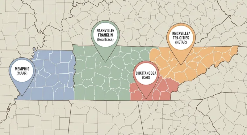 Map of Tennessee showing regional MLS coverage: RealTracs, MAAR, NETAR and CAR by city
