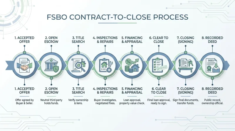 Infographic timeline of the Tennessee FSBO contract-to-close process from accepted offer to recorded deed