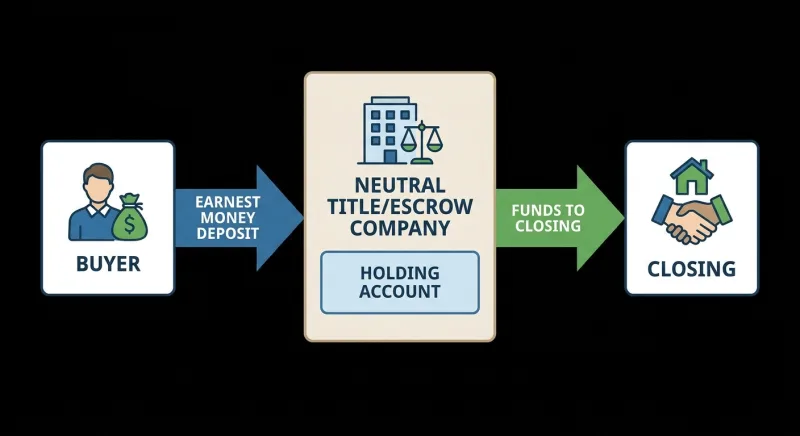 Diagram showing earnest money flowing from buyer to a neutral Tennessee title escrow company in a FSBO sale