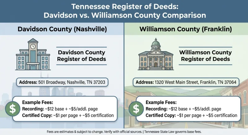 Side-by-side comparison of Davidson County and Williamson County Register of Deeds recording fees and locations