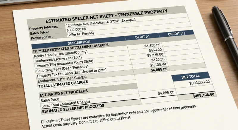 Sample FSBO seller net sheet for a $500,000 Tennessee home with itemized closing costs