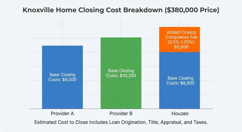 Cost-to-close breakdown on a $380,000 Knoxville home comparing upfront and hidden closing fees across three flat-fee MLS services