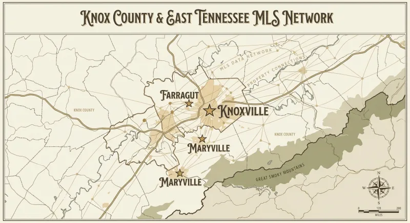 Map of East Tennessee REALTORS MLS coverage including Knoxville, Farragut, and Maryville