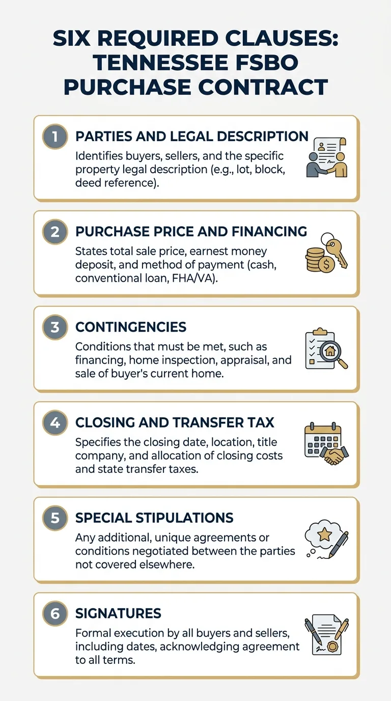 Infographic showing the six required clauses in a Tennessee FSBO purchase contract