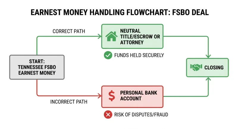 Flow diagram showing earnest money held by a neutral escrow or title company versus a personal account
