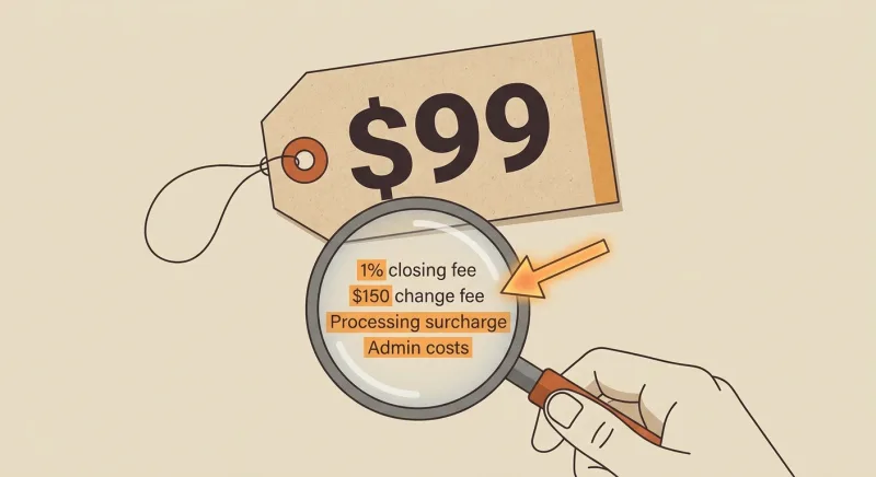 Magnifying glass over a $99 price tag revealing hidden closing and change fees in the fine print