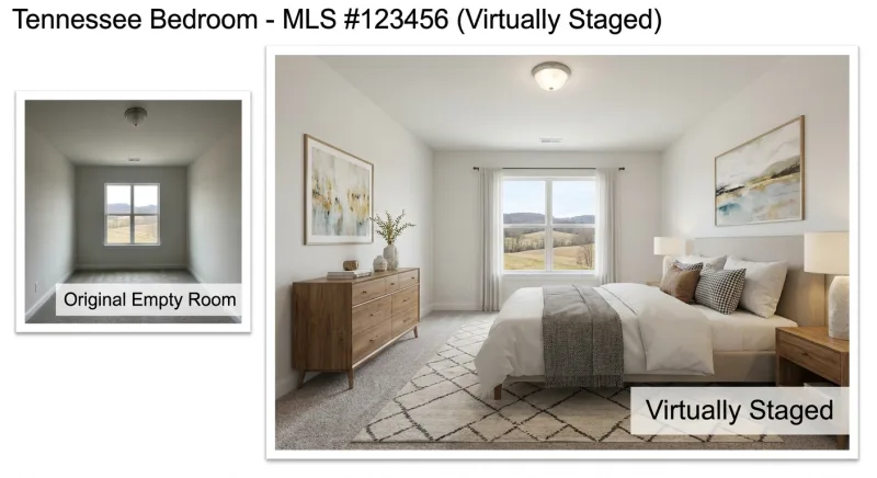 Virtually staged Tennessee bedroom photo with required 'Virtually Staged' disclosure watermark and original unedited photo