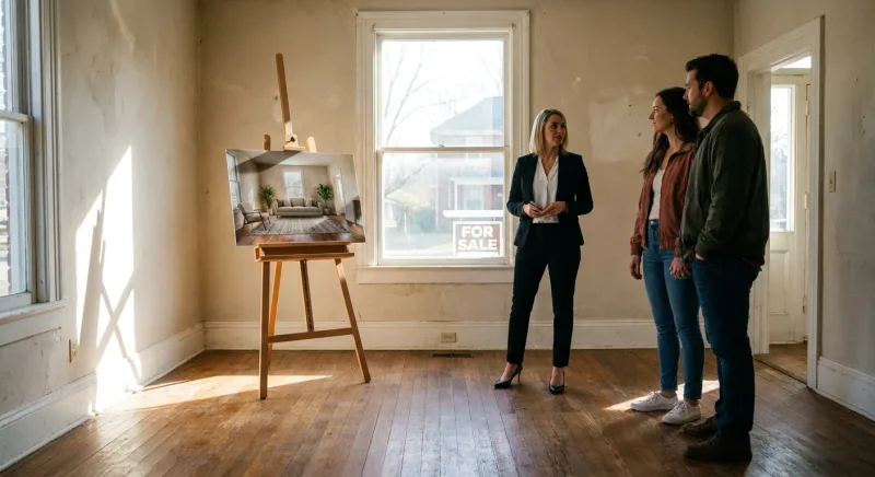 Easel displaying a printed digitally staged photo inside an empty room during a Tennessee FSBO showing