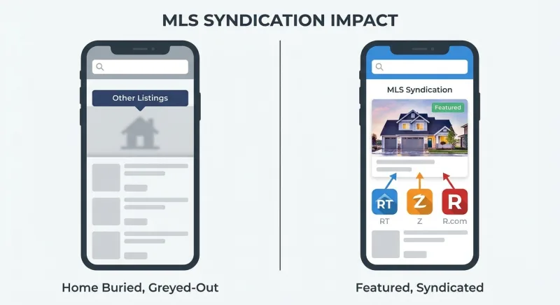 Diagram comparing a FSBO hidden in Zillow Other Listings versus a flat fee MLS listing syndicated across Tennessee MLS networks