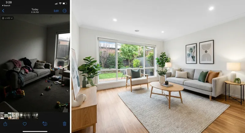 Side-by-side comparison of amateur versus professional real estate listing photos of a living room