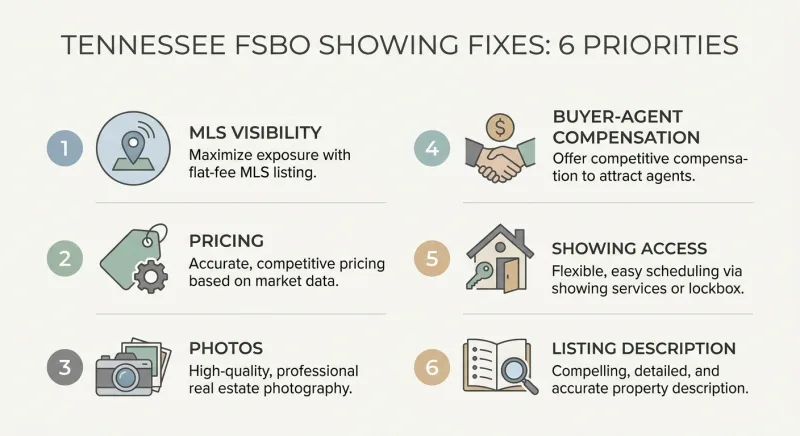 Prioritized checklist graphic of six fixes to increase Tennessee FSBO showings