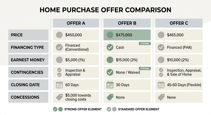 Side-by-side comparison of three FSBO offers showing price, financing, earnest money, contingencies, and closing date