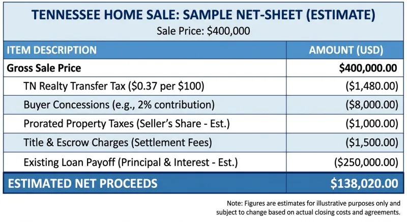 Sample Tennessee seller net sheet for a $400,000 sale showing transfer tax, concessions, prorations, and net proceeds