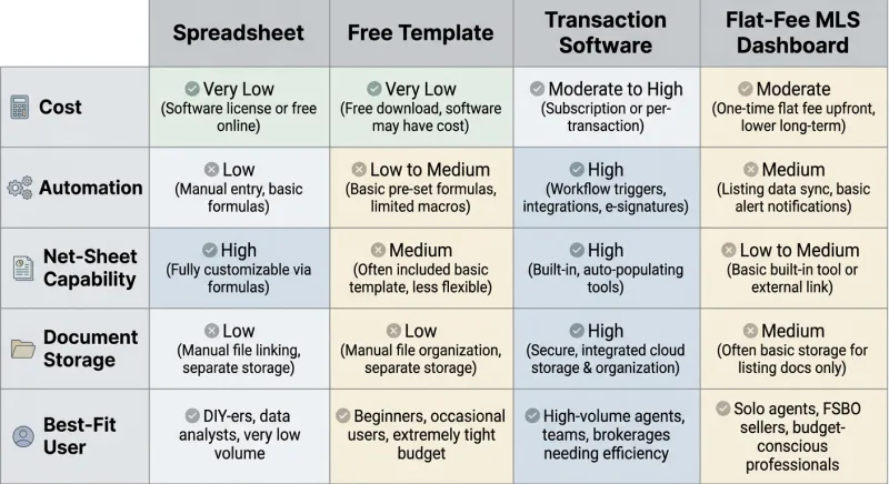 Comparison table of four FSBO offer management methods across cost, automation, net sheet, and document storage
