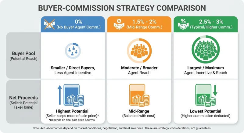 Decision matrix comparing 0%, 1.5-2%, and 2.5-3% buyer agent commission strategies for Tennessee flat-fee MLS sellers