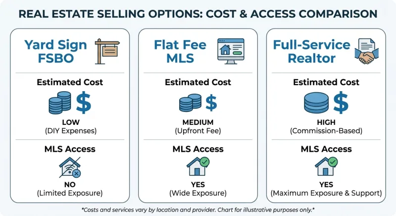 Comparison chart of Yard Sign FSBO vs Flat Fee MLS vs Full-Service Realtor costs in Tennessee