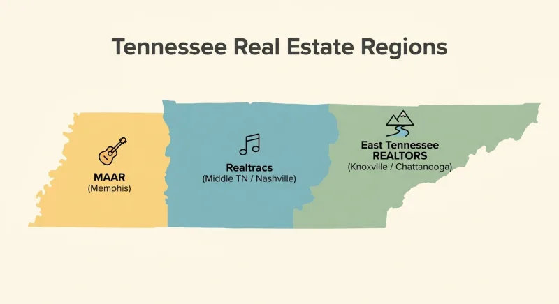 Map of Tennessee showing the three main MLS regions: Realtracs, East Tennessee REALTORS, and MAAR