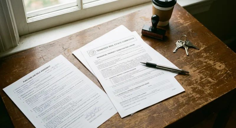 Tennessee FSBO disclosure and purchase agreement documents laid out on a desk