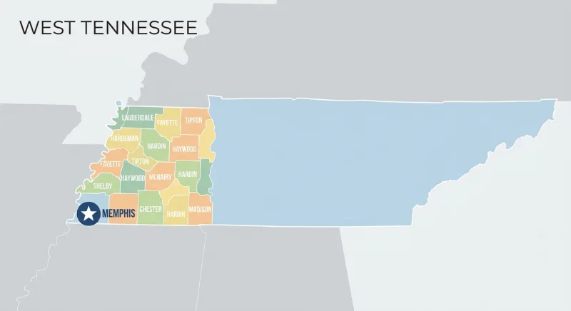 Map of the nine West Tennessee counties covered by the MAAR MLS around Memphis