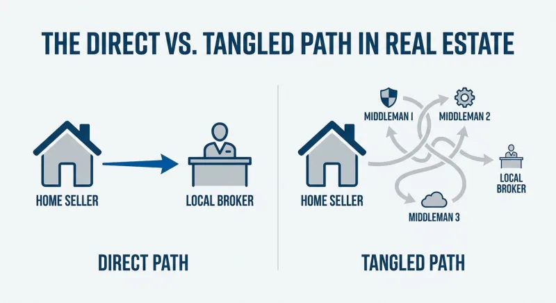 Illustration comparing direct-to-local-broker flat fee listing versus national referral middleman routing