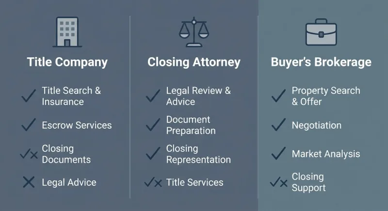 Comparison graphic of Tennessee earnest money escrow holder options: title company, closing attorney, and buyer's brokerage