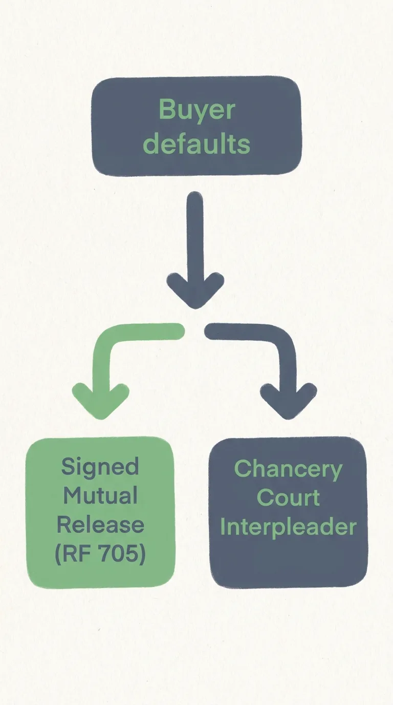 Flowchart of disputed earnest money resolution in Tennessee: mutual release form versus chancery court interpleader