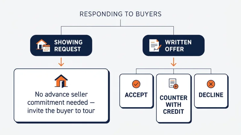 Flowchart of how a Tennessee seller should respond to an RF141 request at the showing stage versus the offer stage