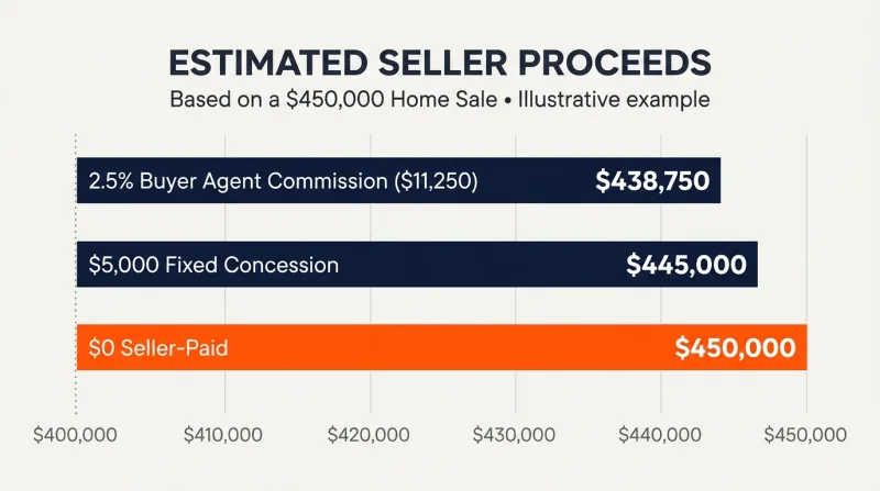 Bar chart comparing seller net proceeds on a $450,000 Nashville sale with a 2.5% commission, a $5,000 concession and no seller-paid compensation
