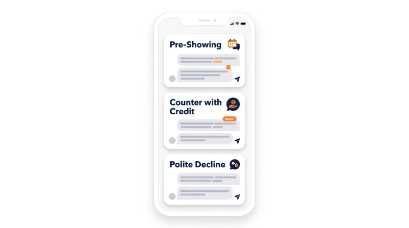 Three message templates for answering a buyer's agent RF141 commission request: pre-showing, counter with credit, and polite decline
