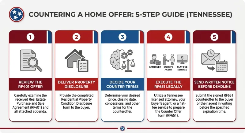 Infographic showing 5 steps to counter a buyer's offer as a Tennessee FSBO seller
