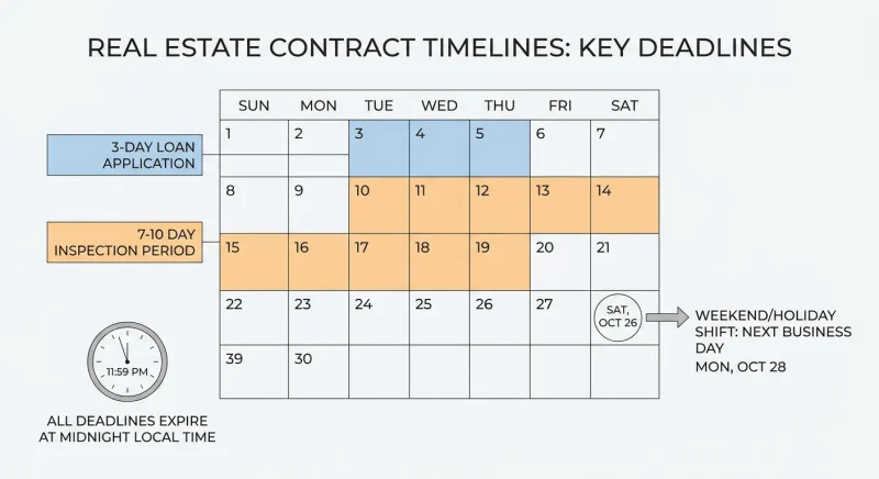 Calendar graphic showing Tennessee real estate contract deadlines counted by calendar days ending at 11:59 PM