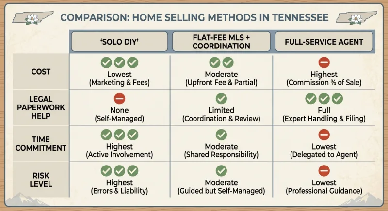 Comparison table of DIY, flat-fee MLS, and full-service agent options for managing offers in a Tennessee FSBO sale