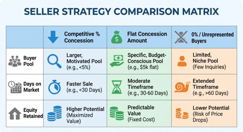 Comparison matrix of three Tennessee FSBO buyer agent commission strategies showing buyer pool, days on market, and equity retained