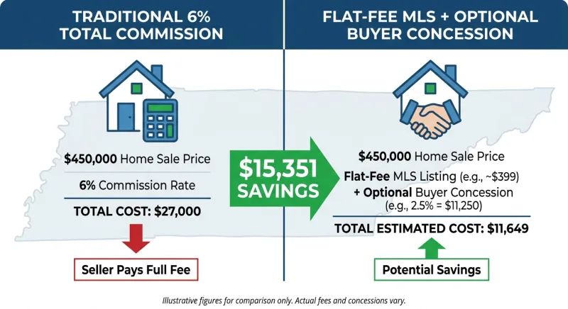 Cost comparison of traditional 6 percent commission versus flat-fee MLS with buyer concession on a Tennessee home sale