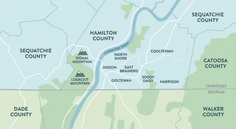 Map of the Greater Chattanooga Association of REALTORS MLS coverage area across Hamilton, Sequatchie and North Georgia border counties