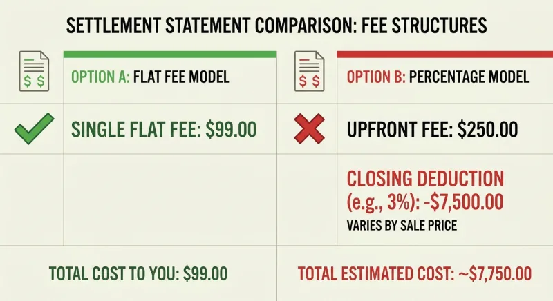 Comparison of a flat $99 MLS fee versus low upfront fees plus percentage closing costs at settlement