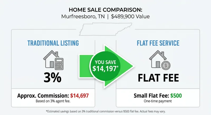 Savings comparison showing flat fee MLS versus a 3 percent listing commission on a Murfreesboro home