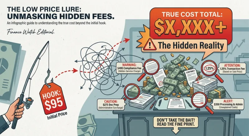 Infographic showing hidden closing compliance and transaction fees added to cheap flat fee MLS listings