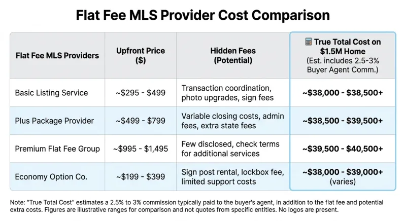 Comparison table of Brentwood TN flat fee MLS providers by upfront price, hidden fees, and true total cost