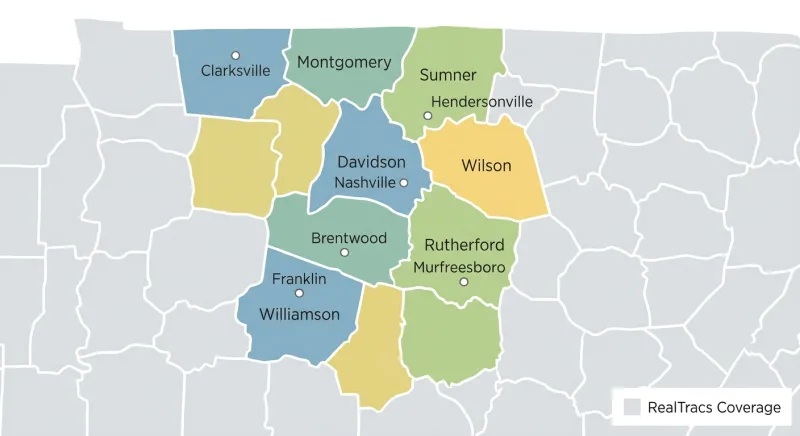 Map of Middle Tennessee counties and cities covered by the RealTracs MLS