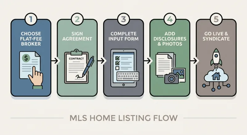 Step-by-step infographic showing how to list a home on RealTracs without an agent in Tennessee