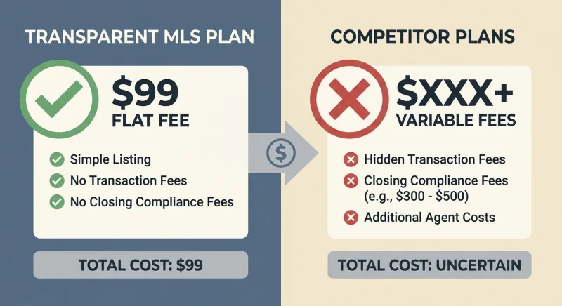 Comparison of Nashville flat fee MLS pricing showing a transparent $99 fee versus competitors' hidden closing fees