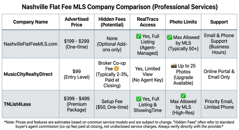 Comparison table of Nashville and Middle Tennessee flat fee MLS companies and their fees