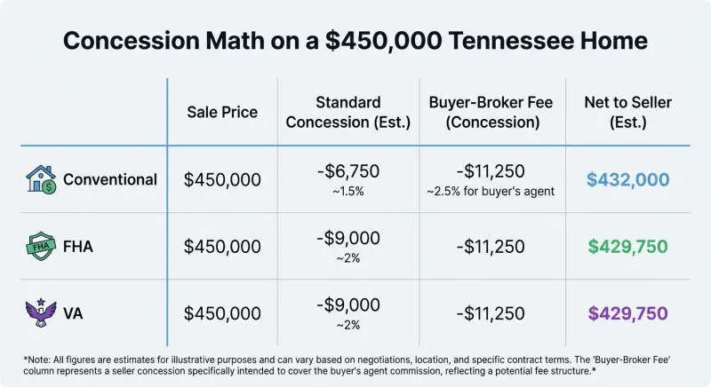 Table comparing seller concession math across conventional, FHA, and VA loans on a $450,000 Tennessee home